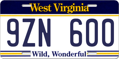 WV license plate 9ZN600