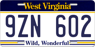 WV license plate 9ZN602