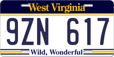 WV license plate 9ZN617