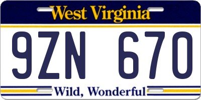 WV license plate 9ZN670