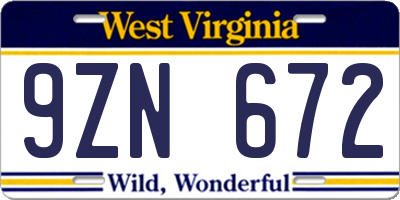 WV license plate 9ZN672