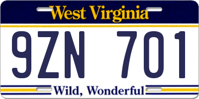 WV license plate 9ZN701
