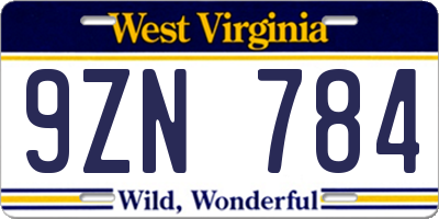 WV license plate 9ZN784