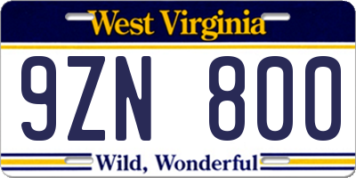 WV license plate 9ZN800