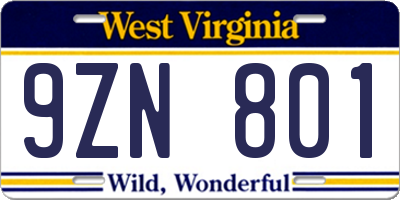 WV license plate 9ZN801