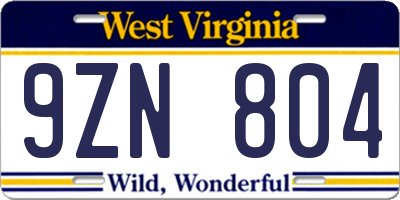 WV license plate 9ZN804
