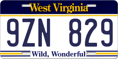 WV license plate 9ZN829