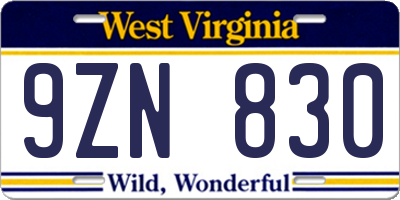 WV license plate 9ZN830