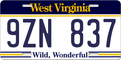 WV license plate 9ZN837