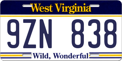 WV license plate 9ZN838