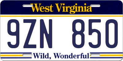 WV license plate 9ZN850