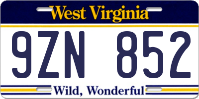 WV license plate 9ZN852