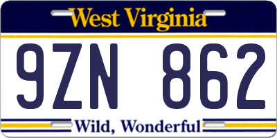 WV license plate 9ZN862