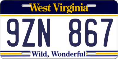 WV license plate 9ZN867