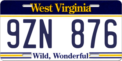 WV license plate 9ZN876