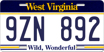 WV license plate 9ZN892