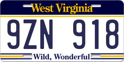 WV license plate 9ZN918