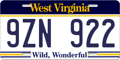 WV license plate 9ZN922