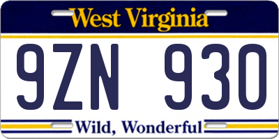WV license plate 9ZN930