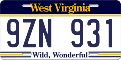 WV license plate 9ZN931