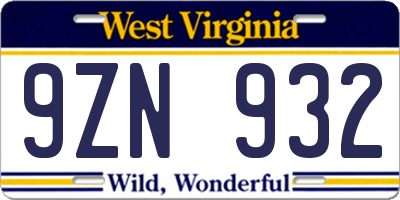 WV license plate 9ZN932