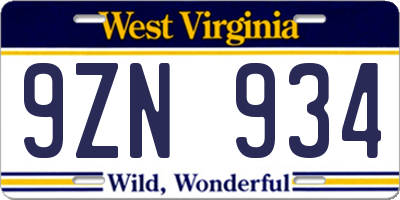 WV license plate 9ZN934