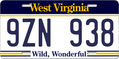 WV license plate 9ZN938