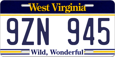 WV license plate 9ZN945