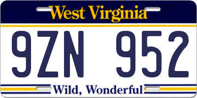 WV license plate 9ZN952