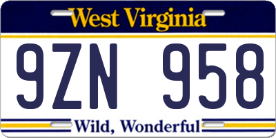 WV license plate 9ZN958