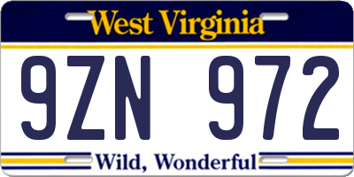 WV license plate 9ZN972