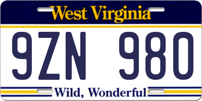 WV license plate 9ZN980