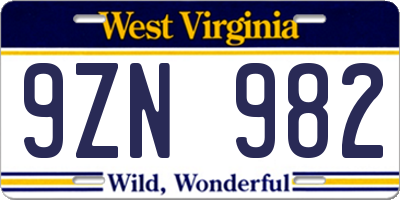 WV license plate 9ZN982