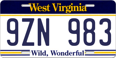 WV license plate 9ZN983