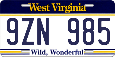 WV license plate 9ZN985