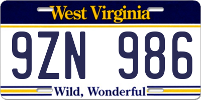 WV license plate 9ZN986