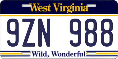 WV license plate 9ZN988