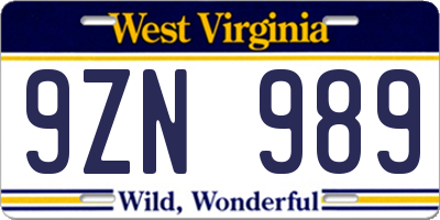 WV license plate 9ZN989
