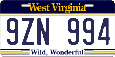 WV license plate 9ZN994
