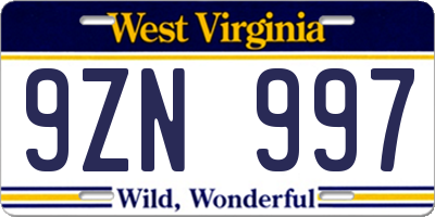 WV license plate 9ZN997