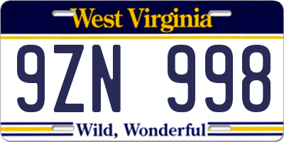 WV license plate 9ZN998