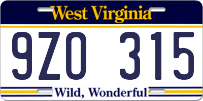 WV license plate 9ZO315