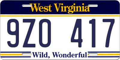 WV license plate 9ZO417