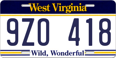 WV license plate 9ZO418