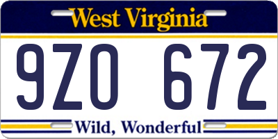 WV license plate 9ZO672
