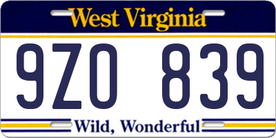 WV license plate 9ZO839