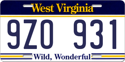 WV license plate 9ZO931