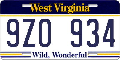 WV license plate 9ZO934