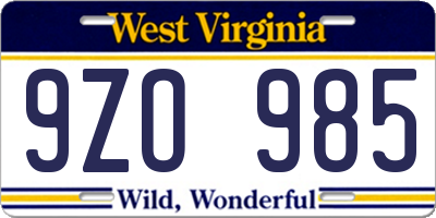 WV license plate 9ZO985