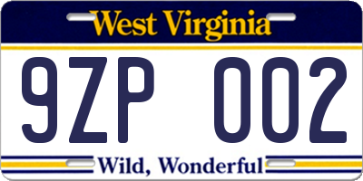 WV license plate 9ZP002